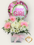 Baby Girl Flowers with Balloon - White Rose Gerbera Arrangement Nashville Florist