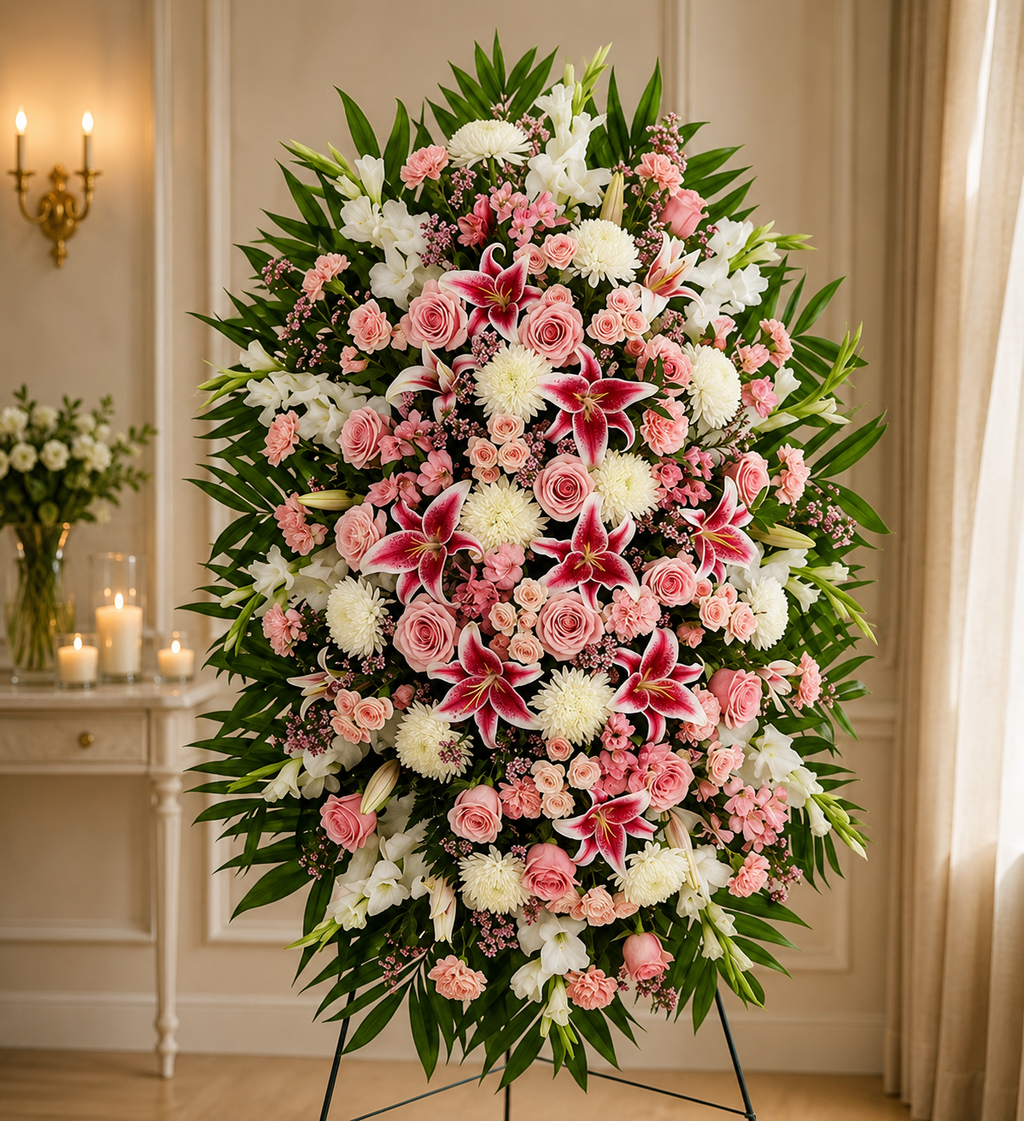 Pink Rose & Stargazer Lily Standing Spray
