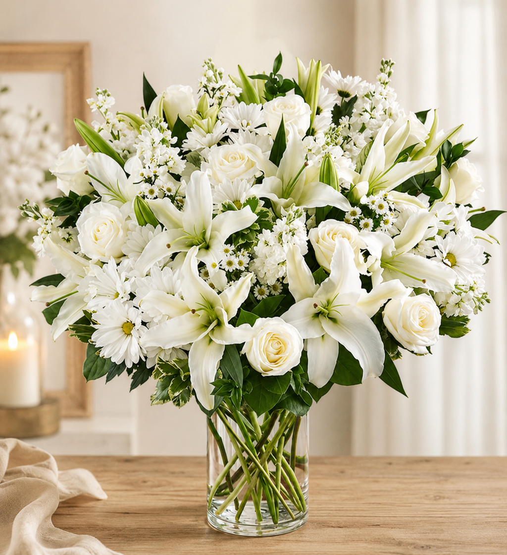 Peaceful White Lily & Rose Sympathy Bouquet