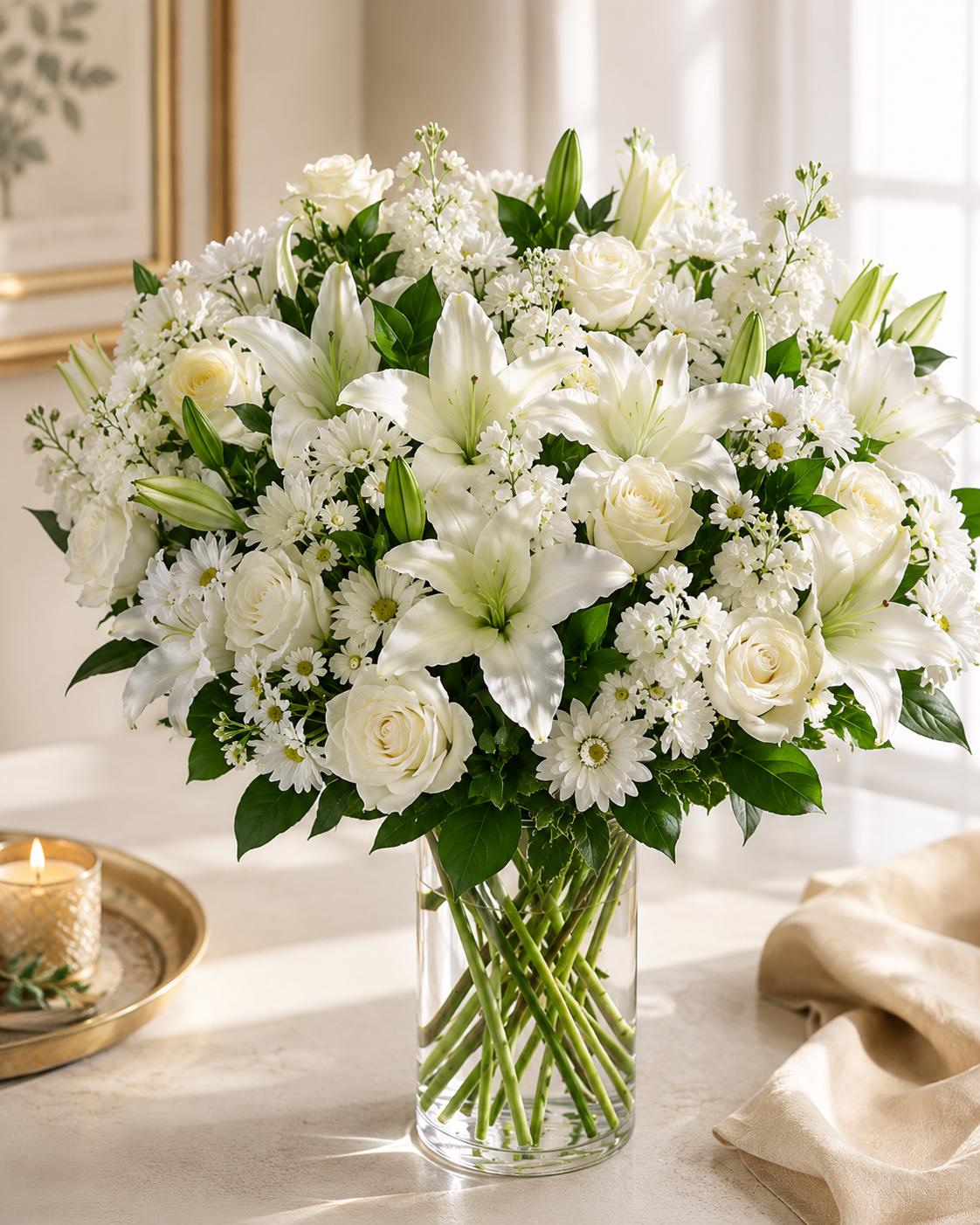 Peaceful White Lily & Rose Sympathy Bouquet