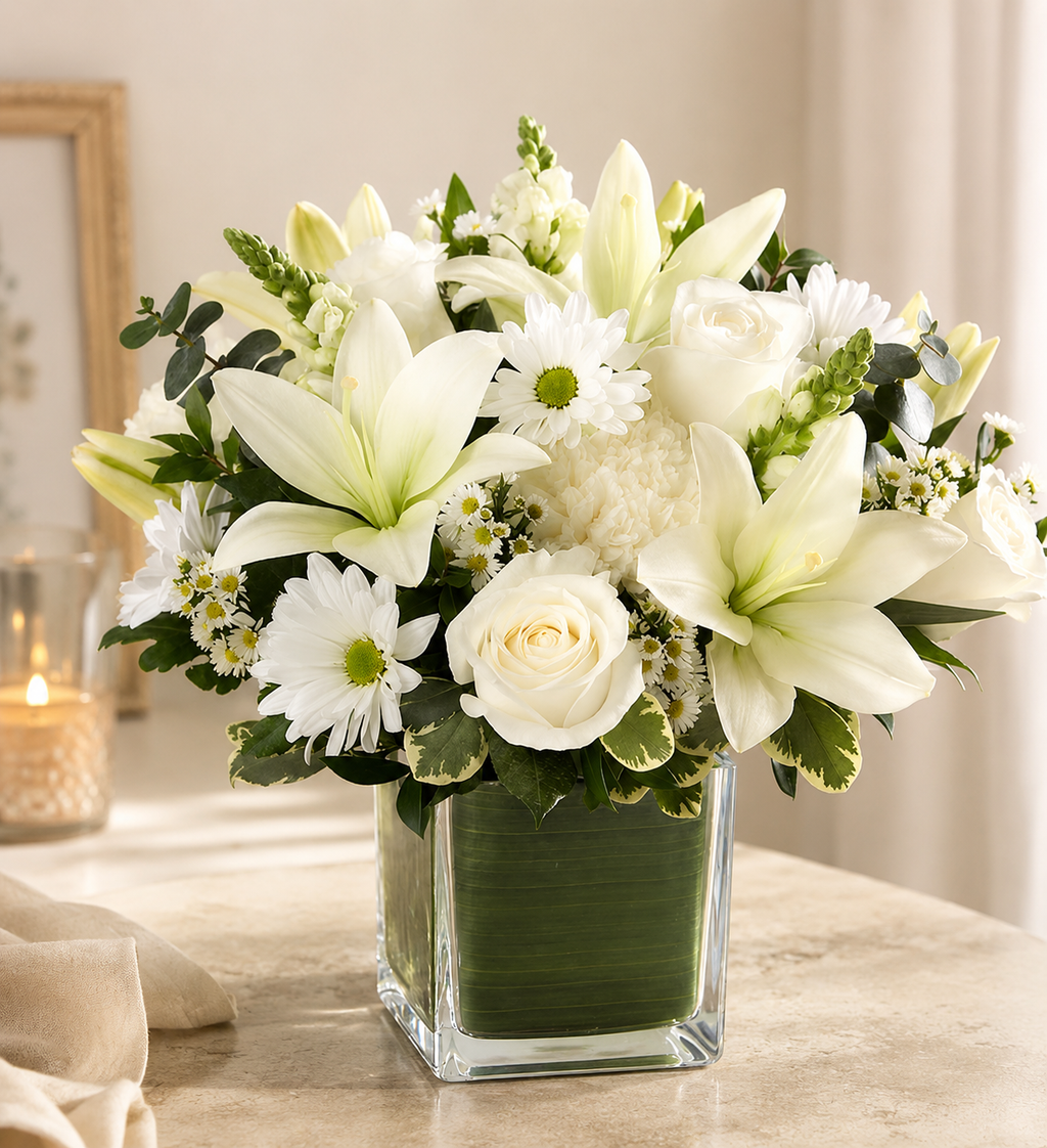 Serene White Lily & Rose Sympathy Arrangement