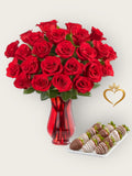 Red Roses with Chocolate Covered Strawberries - Romantic Gift Set - date night flowers